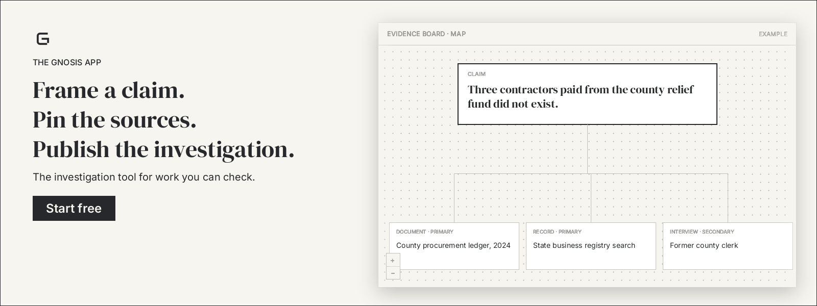 Gnosis is an app where you pick a claim, attach the sources that prove or challenge it, and publish that as a checkable investigation. Free to start.